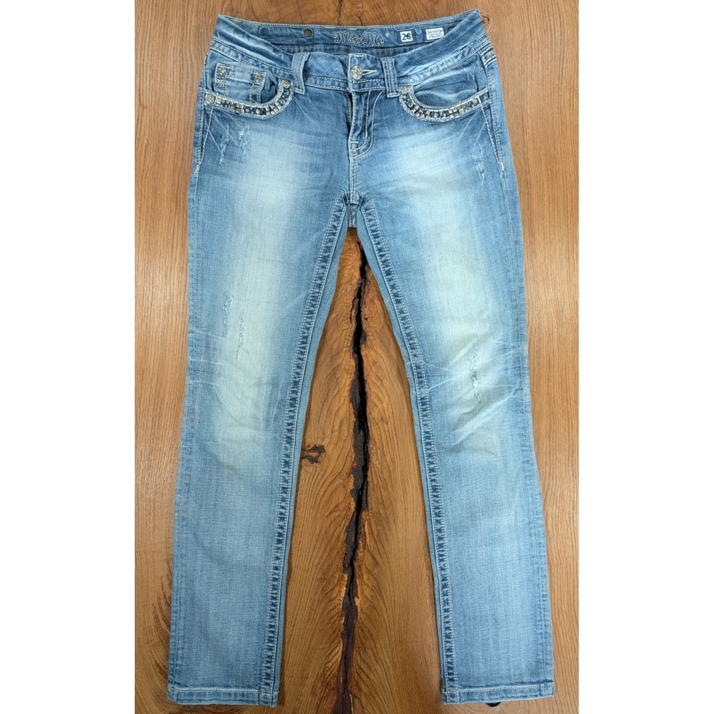 Miss Me Y2K Straight Jeans Womens 28 Light Wash Mid Rise Stretch Embellished‎